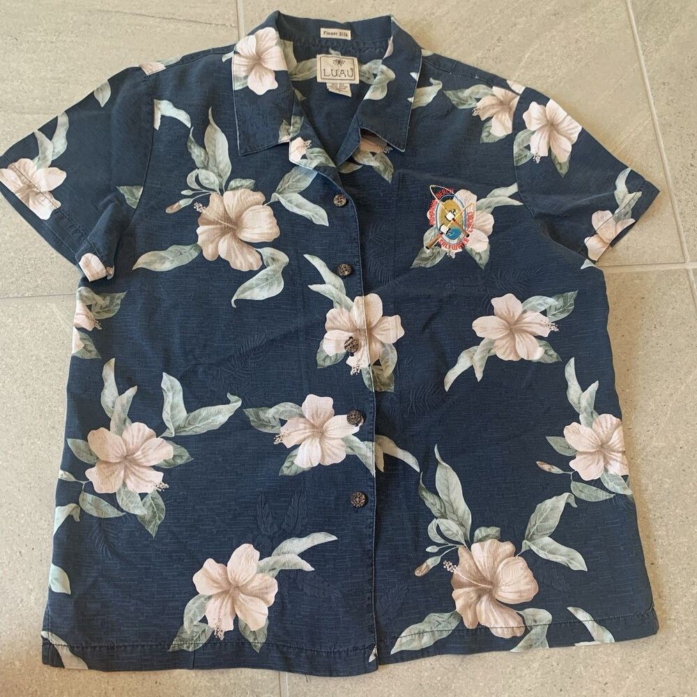 Luau 100% Finest Silk Button Down Men’s L Hawaiian Floral Short Sleeve Shirt